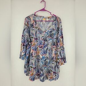 C&C California Blue and Orange Leaf Print Blouse